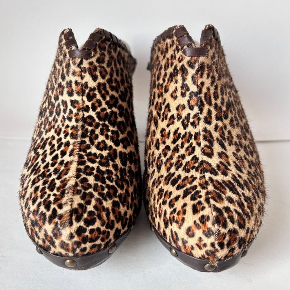 SALPY Studded Hand-Crafted Wooden Platform Leather Leopard Hair Clogs Mules - Picture 4 of 9